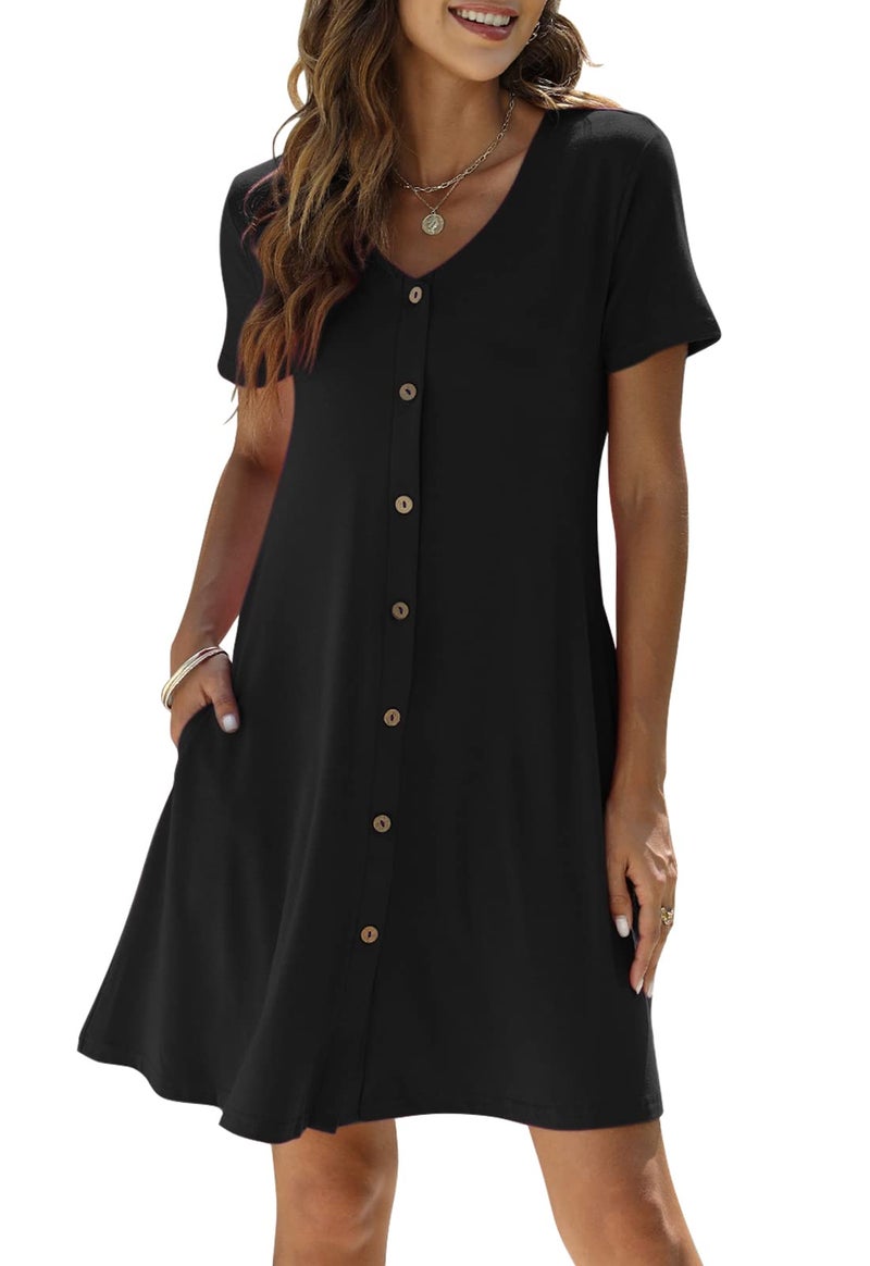 Manydress Women's Summer Casual T Shirt Short Sleeve Button Down Swing Dress with Pockets MY035 (Black, L) - Image 1